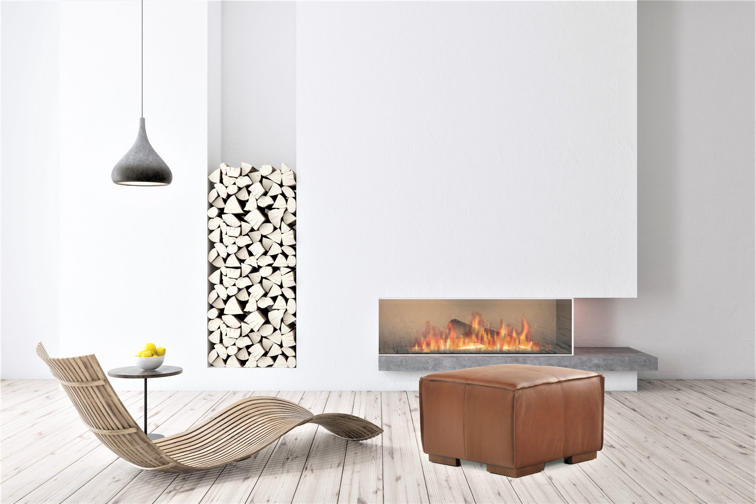 White fireplace with wooden armchair