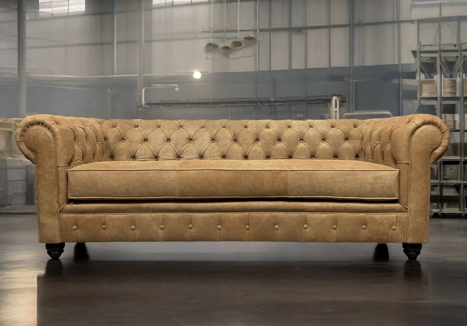 Sofa de Cuero – Chesterfield Color Distroi Oak, 240 cm de frente, Cojín único asiento, tres costuras, Respaldo Recto Clásico, Cuero 100% Natural Uruguayo 22