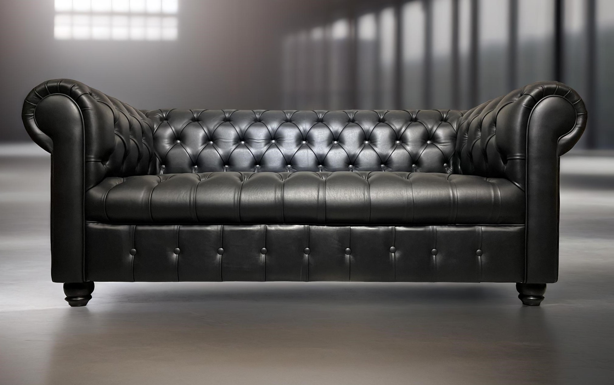 Sofa de Cuero – Chesterfield Color Fargo Negro, Capitoné Ingles, respaldo Recto Clásico, Cuero 100% Natural Uruguayo